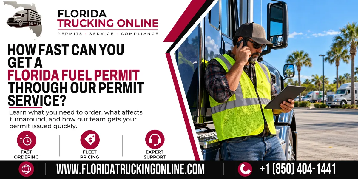 Semi truck driver preparing documents to order a Florida Fuel Permit online