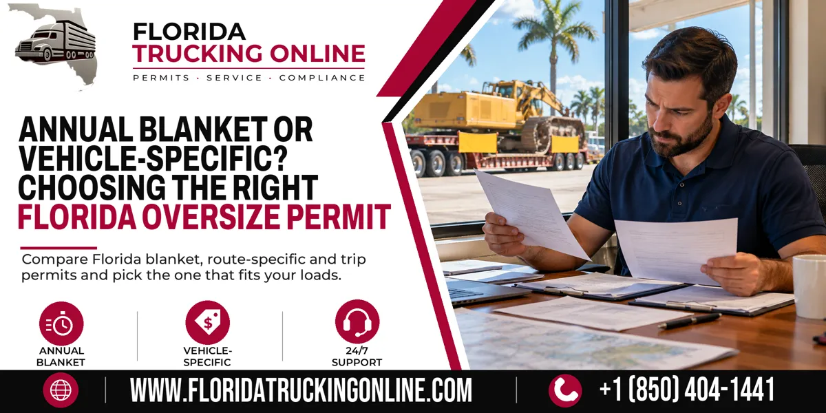 Florida dispatcher comparing oversize permit options at an office desk